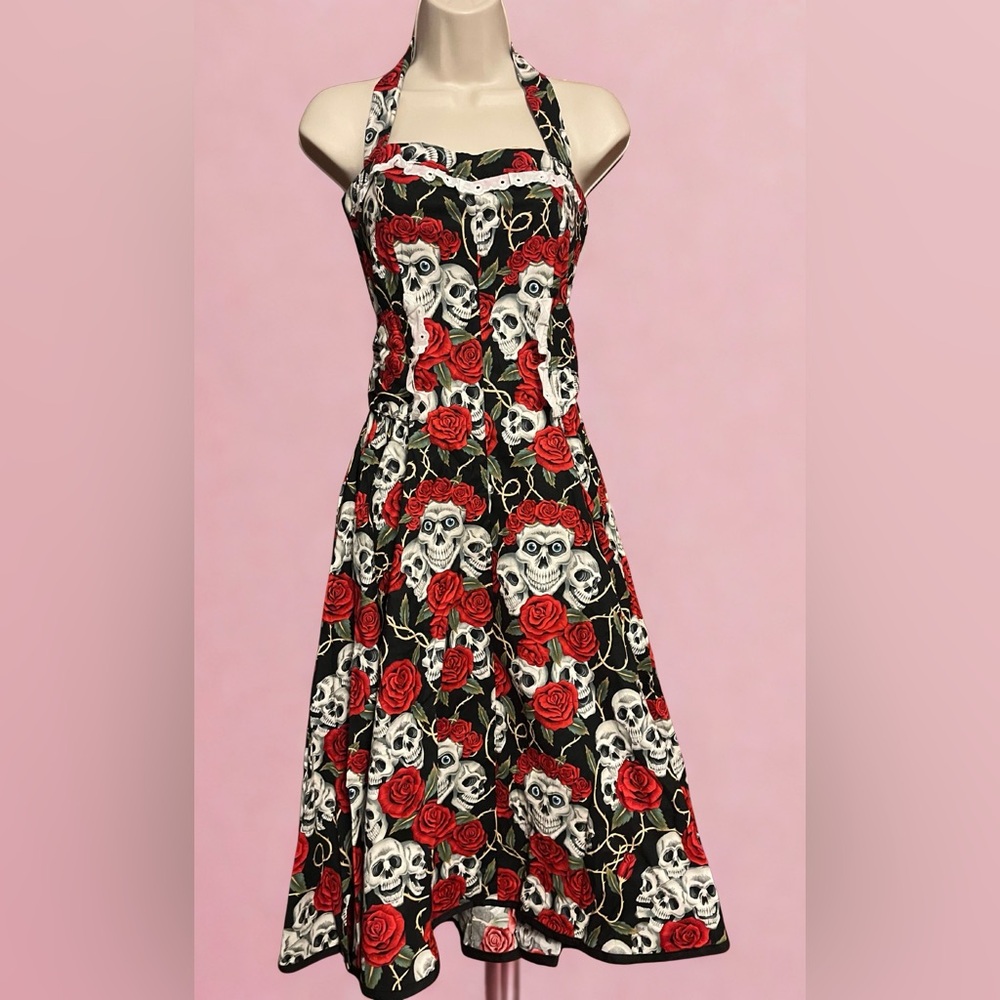 Skull & Rose Halter Dress – Gothic Rockabilly Style - Size Small